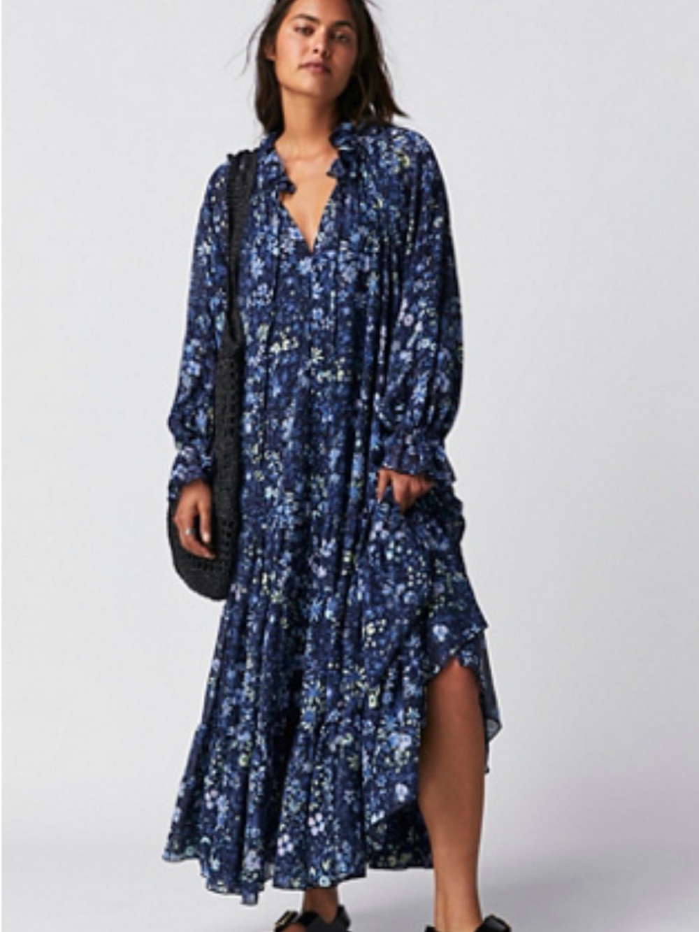 Free People Navy feeling groovy Ruffled V-Neck Maxi Dress